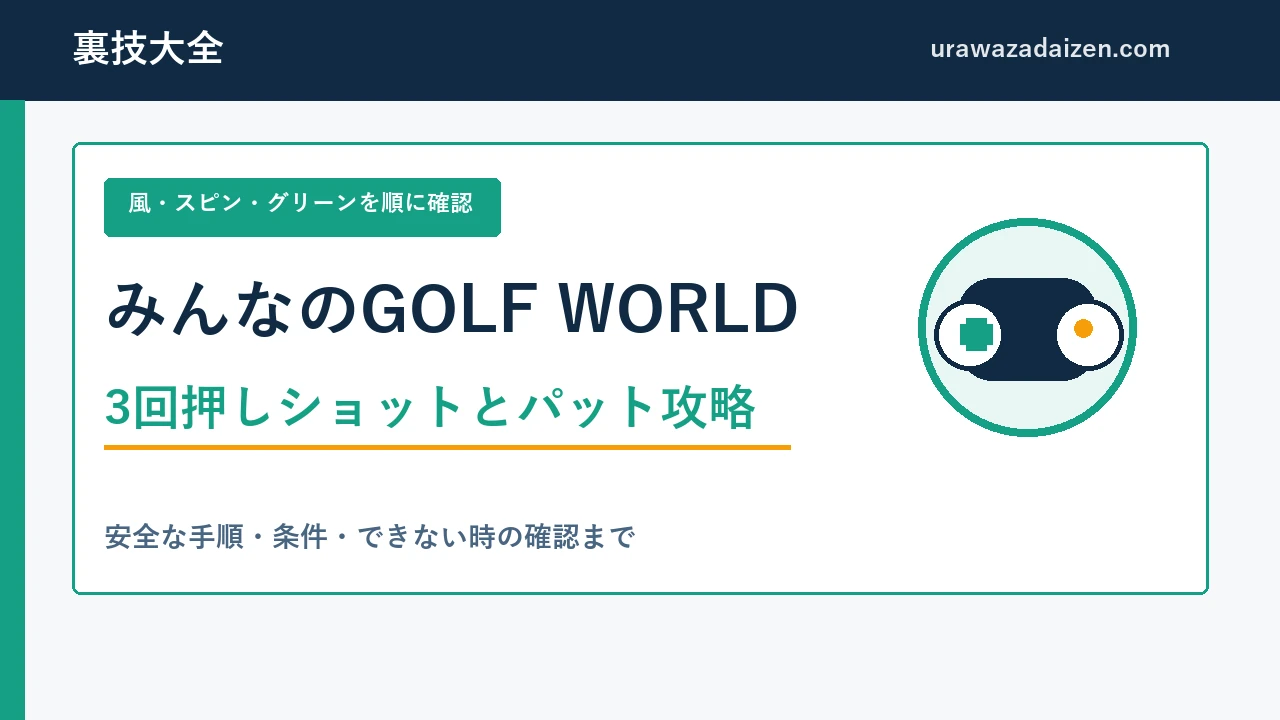みんなのGOLF WORLDの3回押しショットとパット攻略を示すアイキャッチ